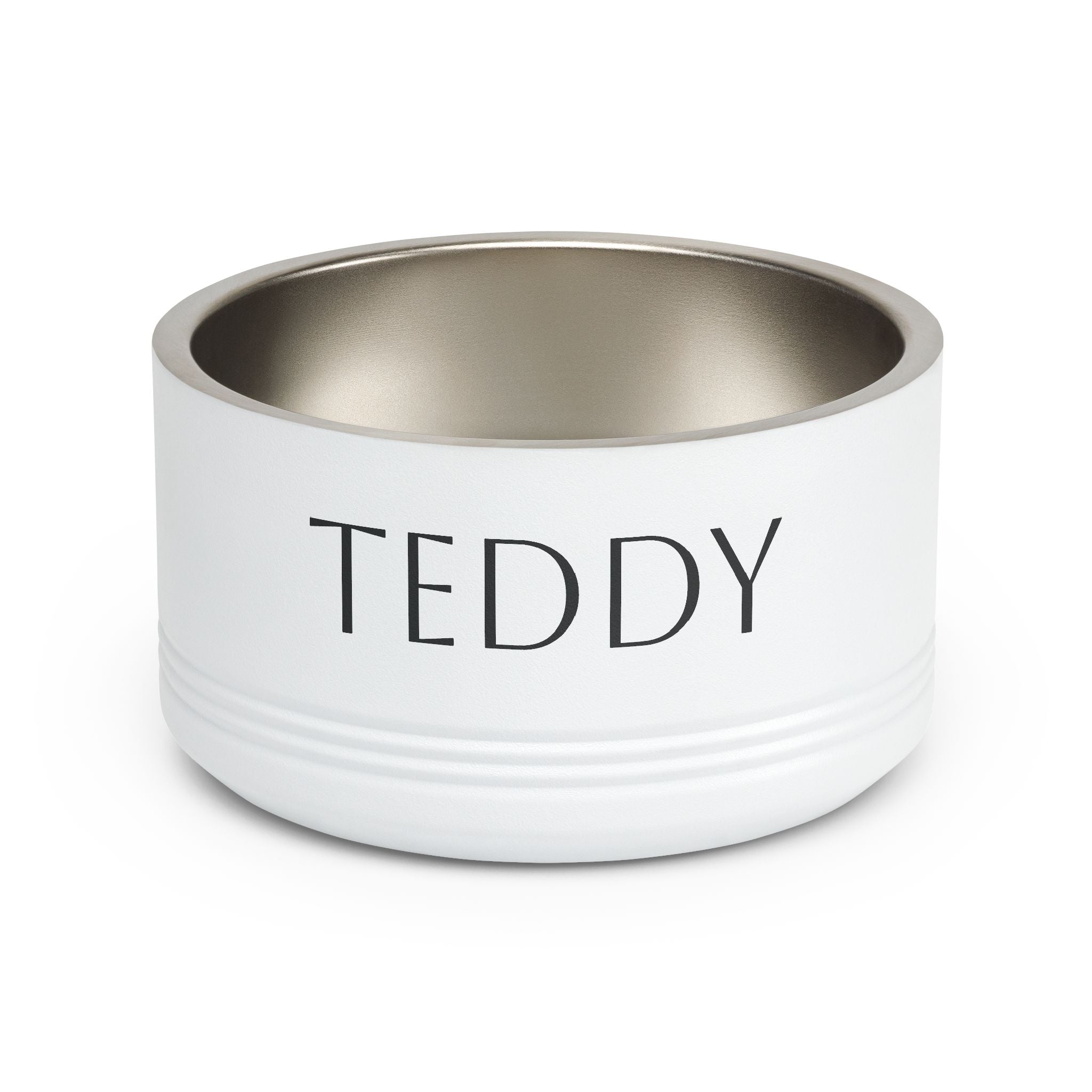 Personalised stainless steel pet bowl with custom name — modern dog and cat bowl
