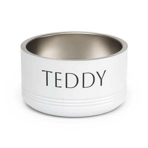 Personalised stainless steel pet bowl with custom name — modern dog and cat bowl