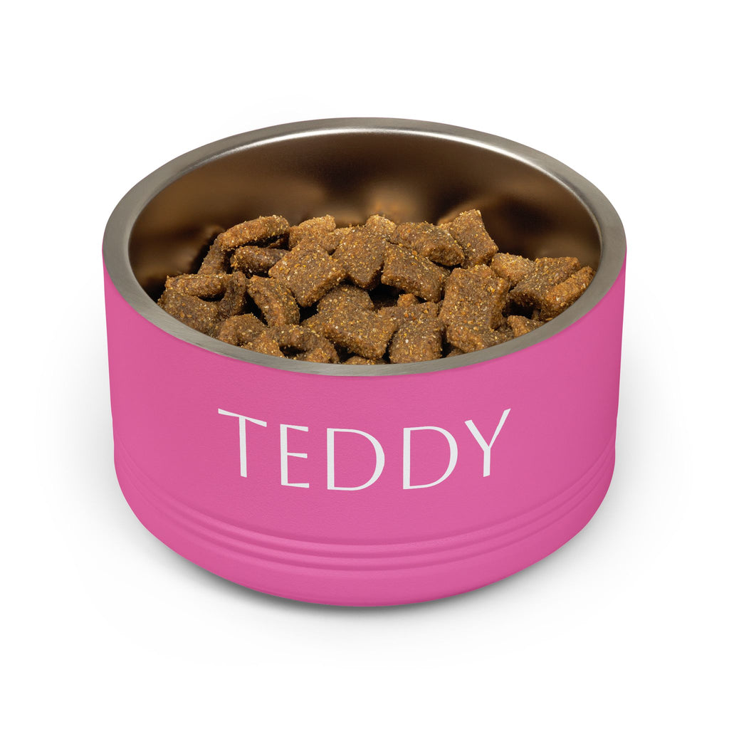 Personalised dog bowl on floor — stainless steel custom pet bowl 18oz