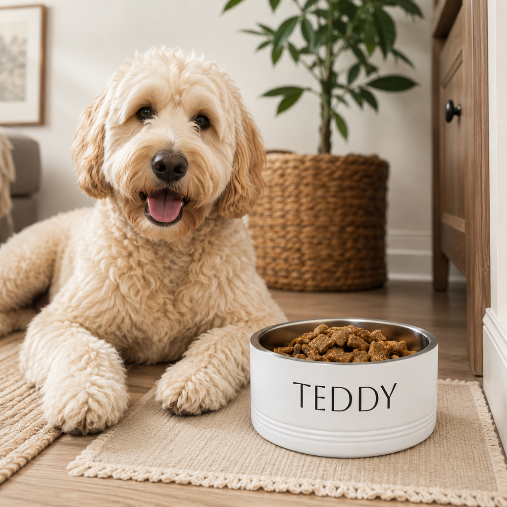 Personalised pet bowl close-up with engraved name — gift for dog owner