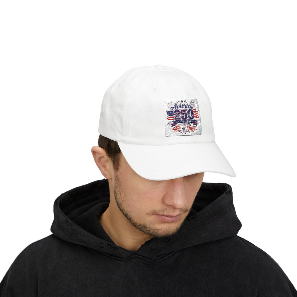 Angled view of America 250 4th of July dad cap