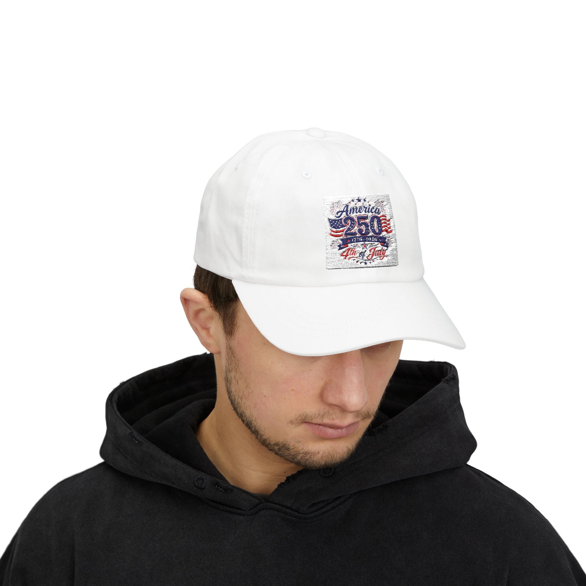 Angled view of America 250 4th of July dad cap