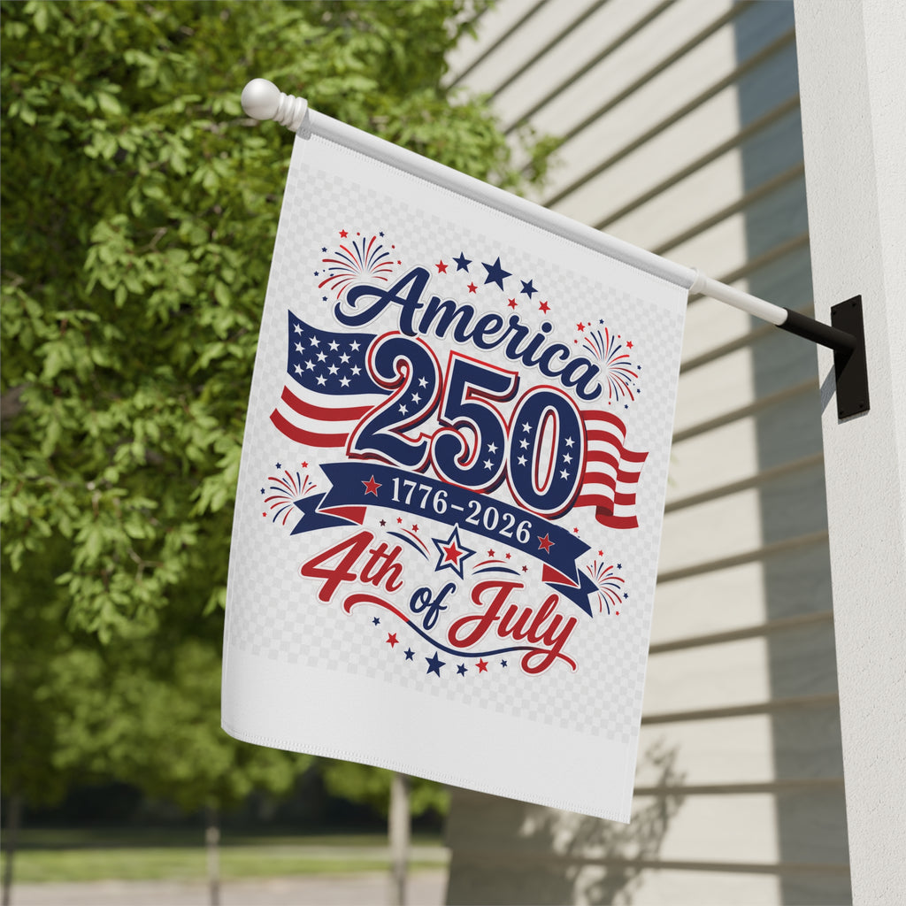 Back view of America 250 patriotic garden flag
