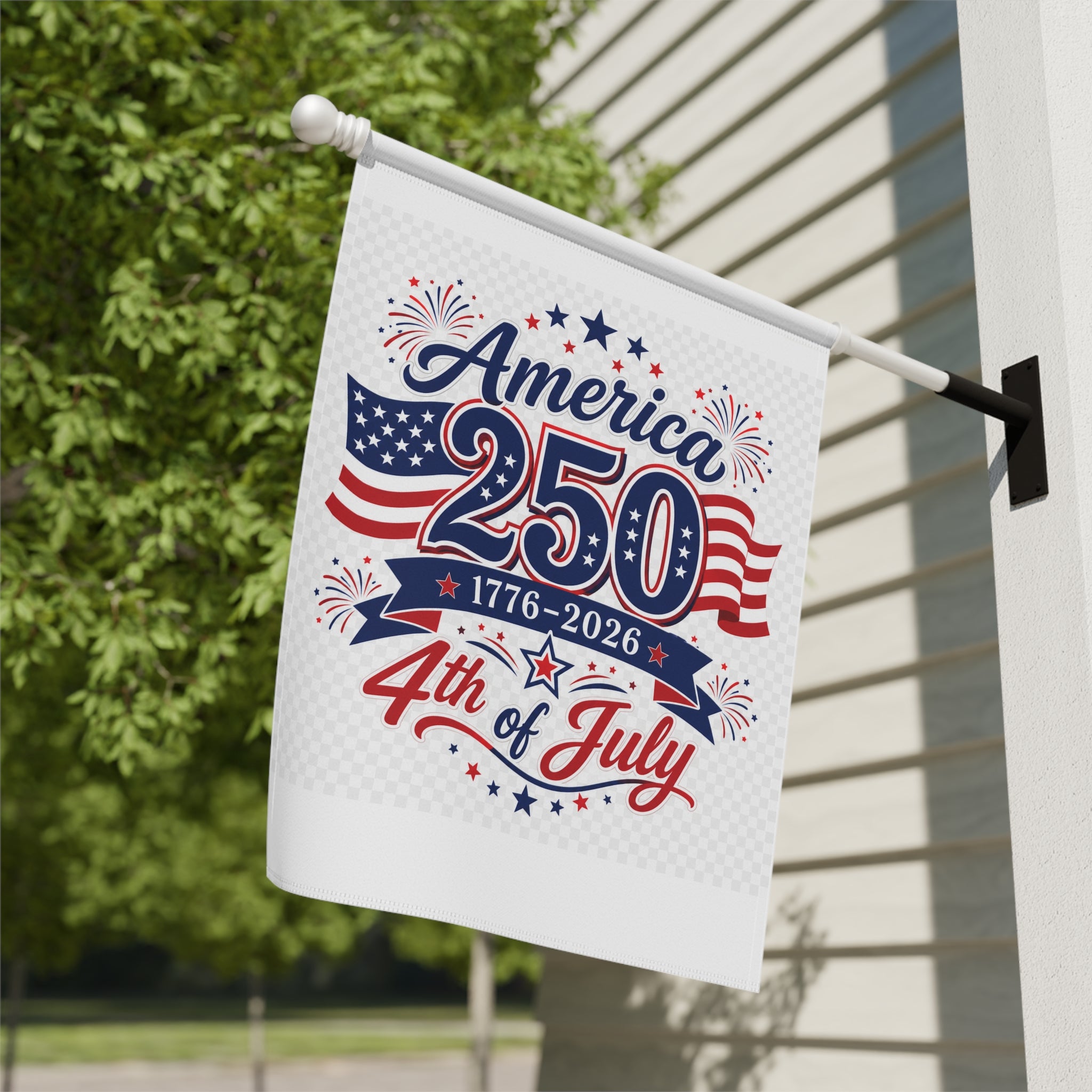 Back view of America 250 patriotic garden flag