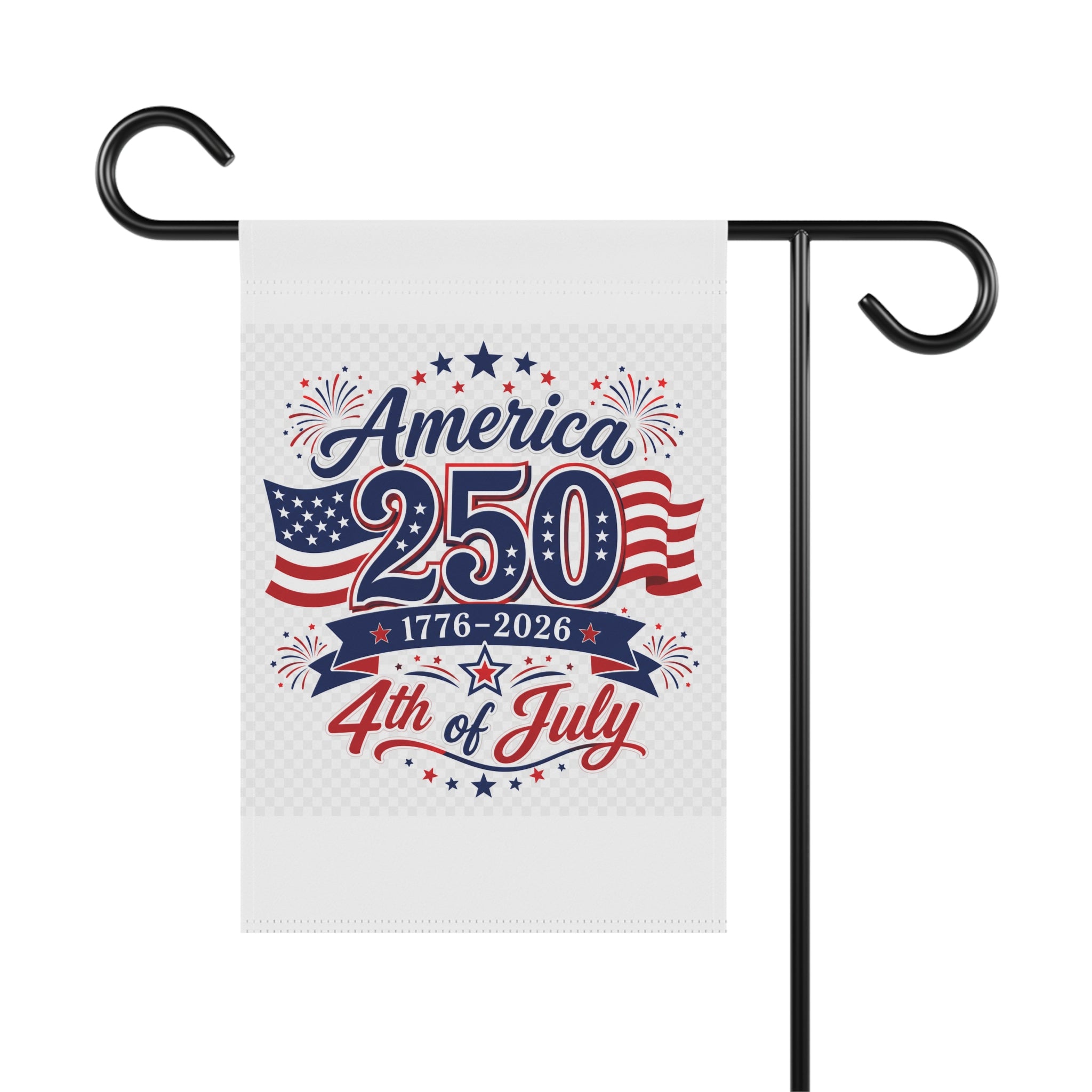 Close-up of stars and fireworks on America 250 garden flag