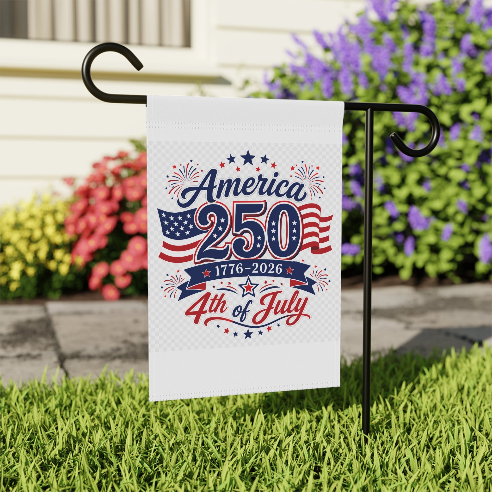 Detail of red white and blue America 250 flag print