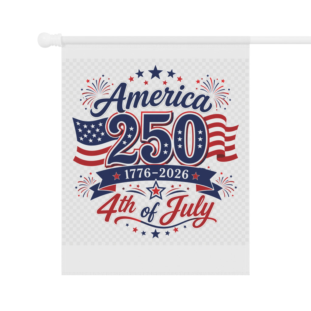 America 250 4th of July garden flag on a metal stand outdoors