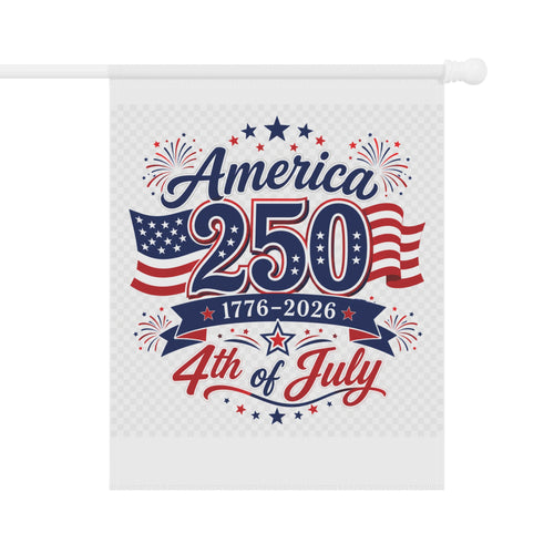 Patriotic America 250 garden flag displayed in a yard