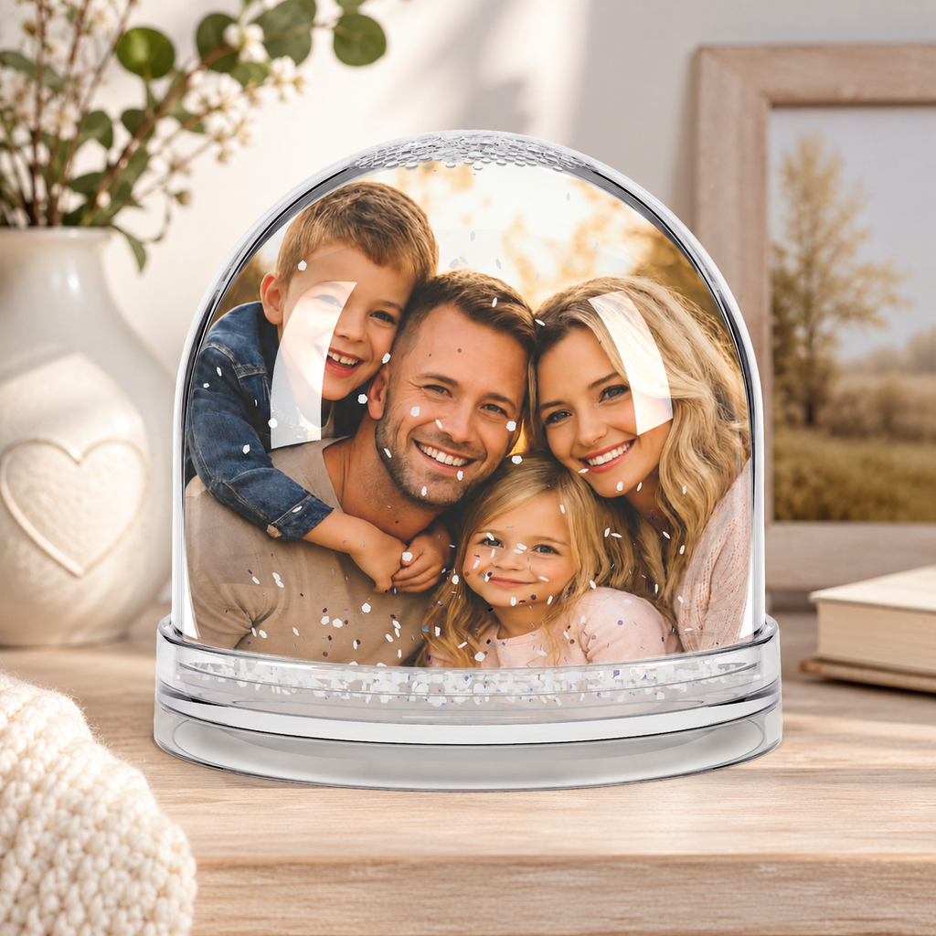Design layout showing how a family photo prints on the two-sided acrylic insert of the snow globe