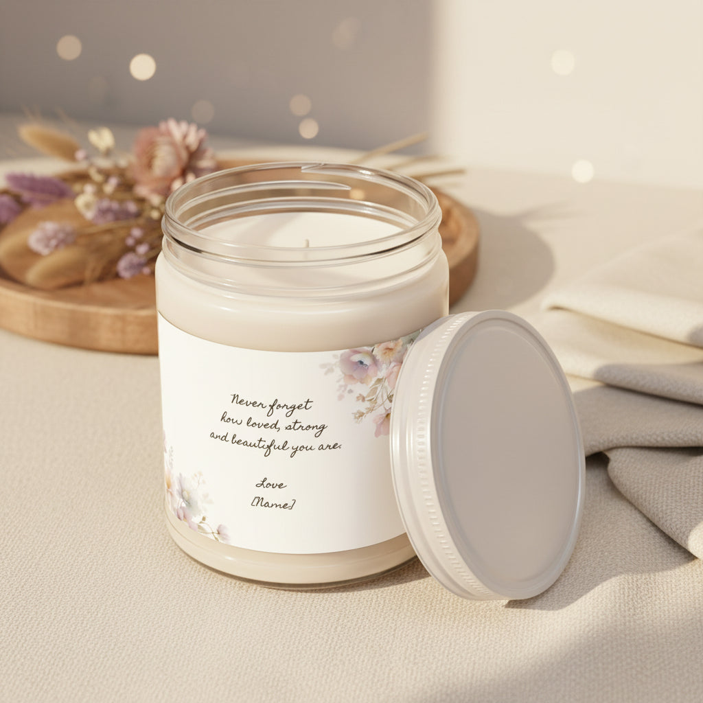 Hand-poured soy encouragement candle styled beside fresh flowers