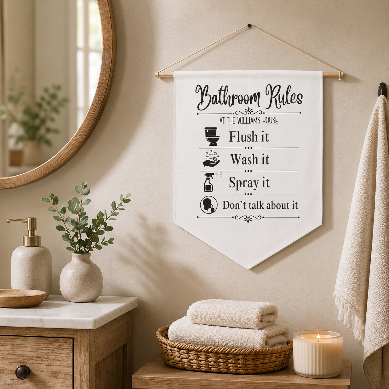 Design template for the funny Bathroom Rules pennant showing the print layout