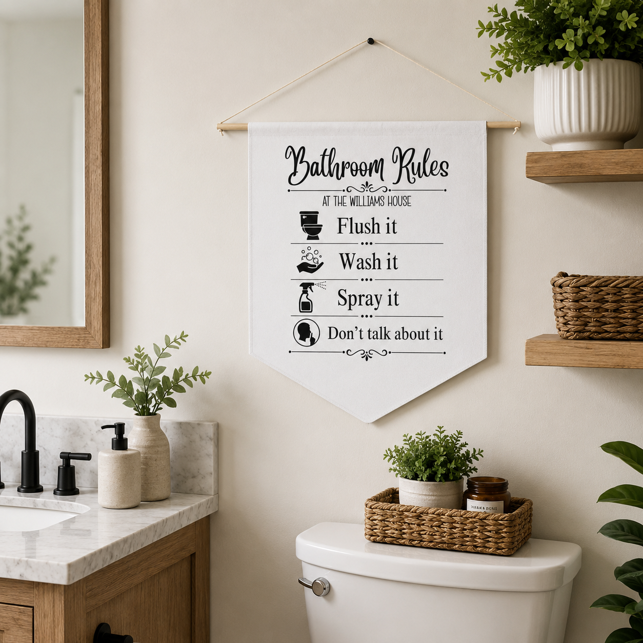 Personalization guide showing where the family name appears on the Bathroom Rules pennant