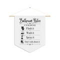 Personalized funny Bathroom Rules pennant with a family name and four bathroom rules on a wooden dowel