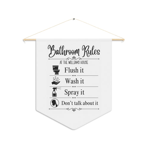 Personalized funny Bathroom Rules pennant with a family name and four bathroom rules on a wooden dowel