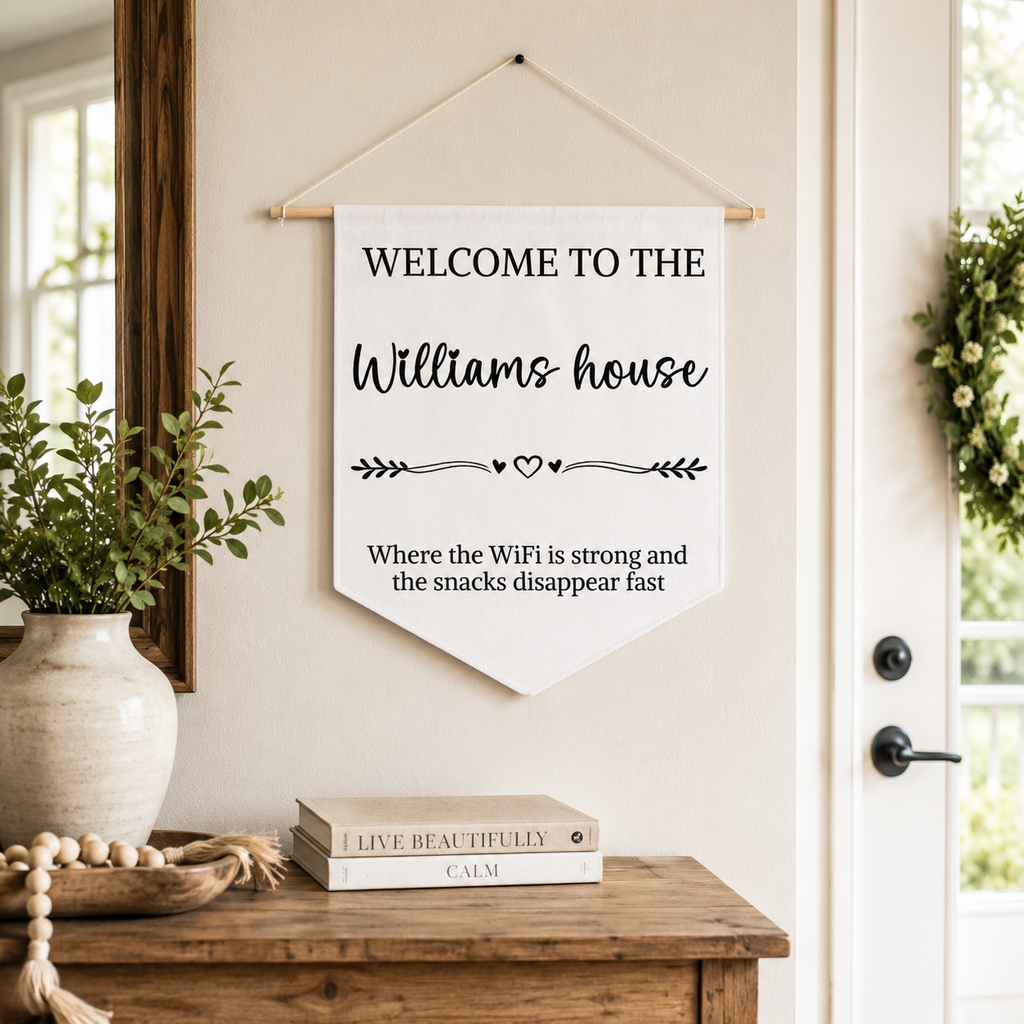Design template for the funny welcome house pennant showing the print layout