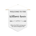 Personalized funny welcome pennant with a family name and the words Where the WiFi is strong and the snacks disappear fast