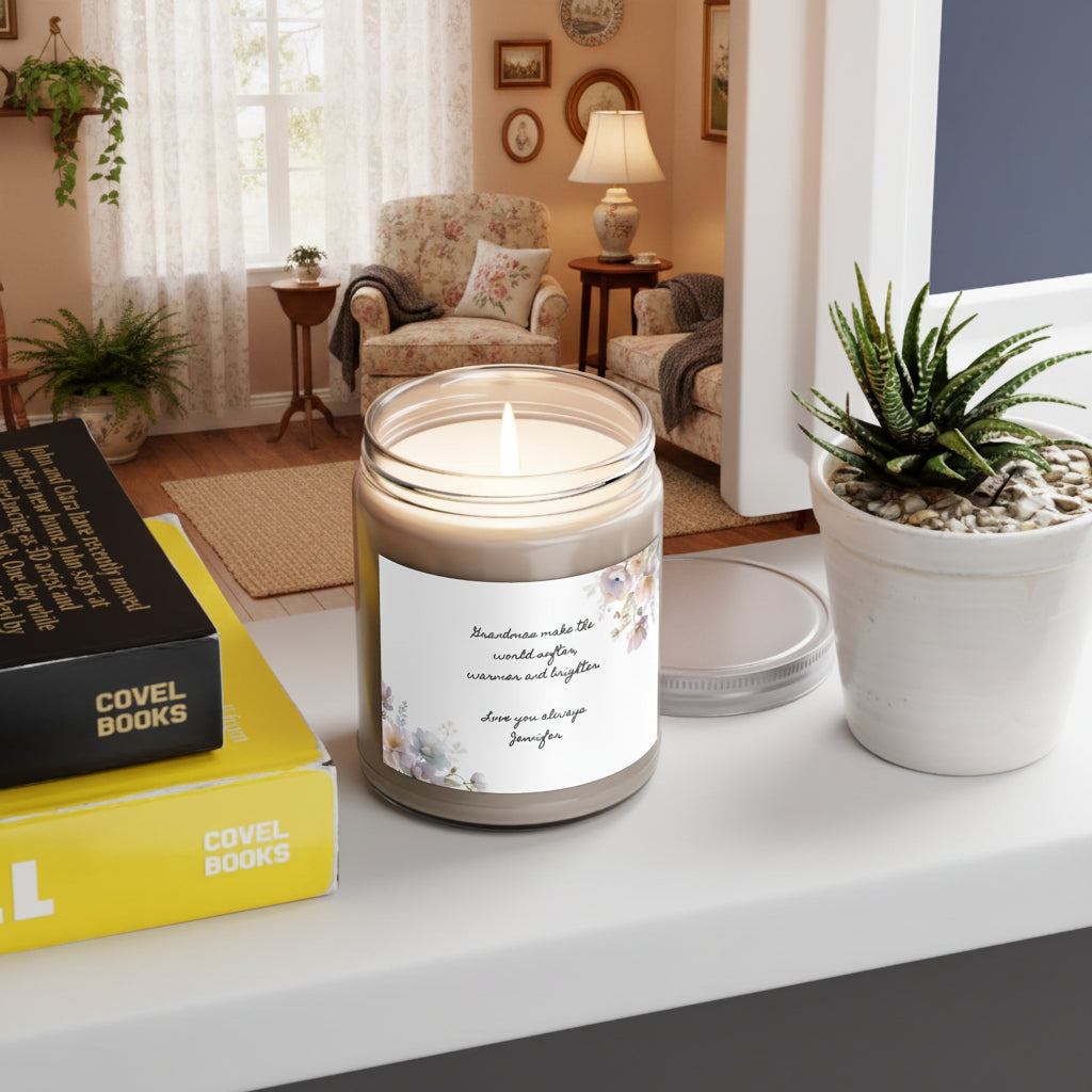 Personalized soy candle for grandma in a clear glass jar with a white lid