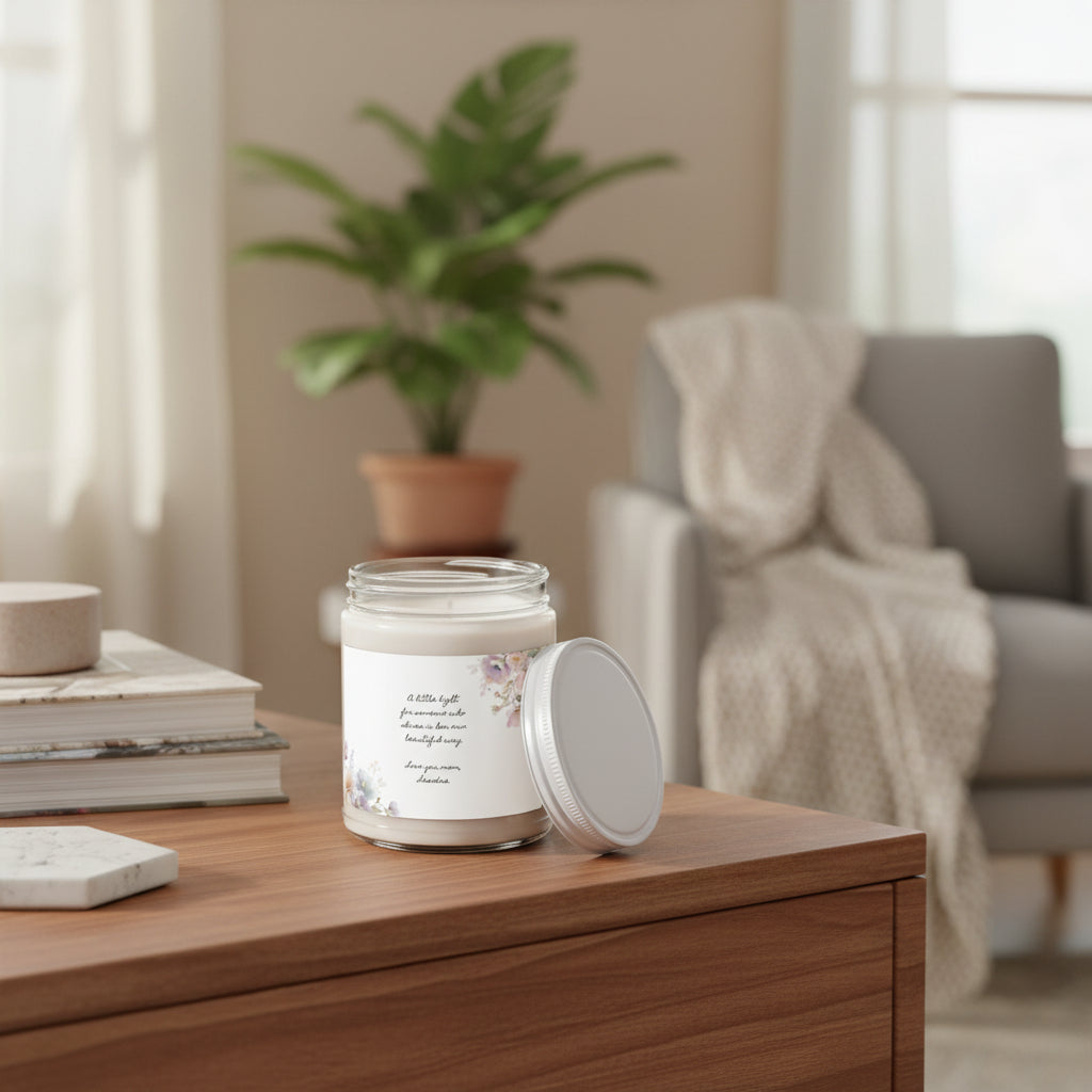 Hand-poured soy candle for mom styled beside fresh flowers