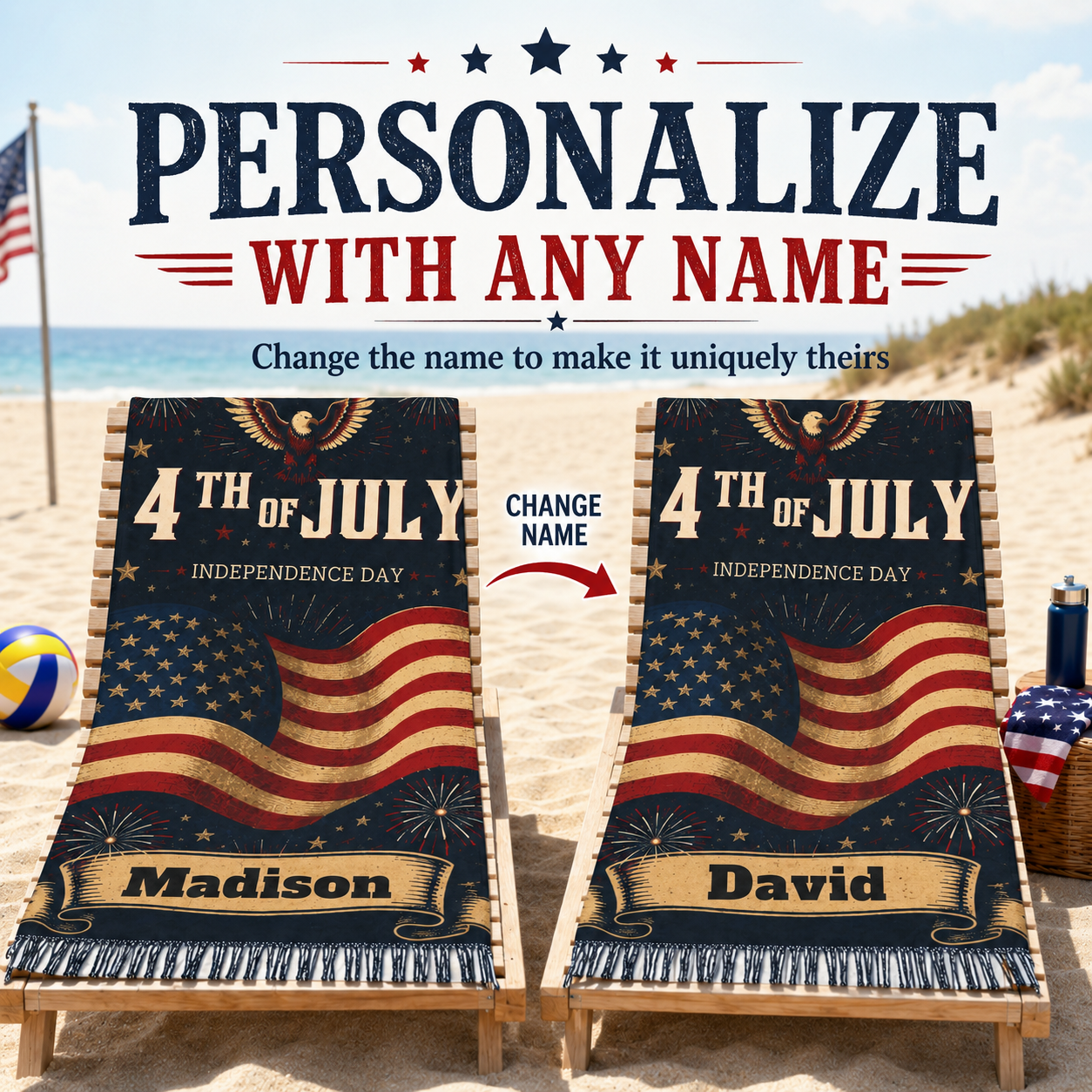 4th of July Independence Day towel design with personalized name banner