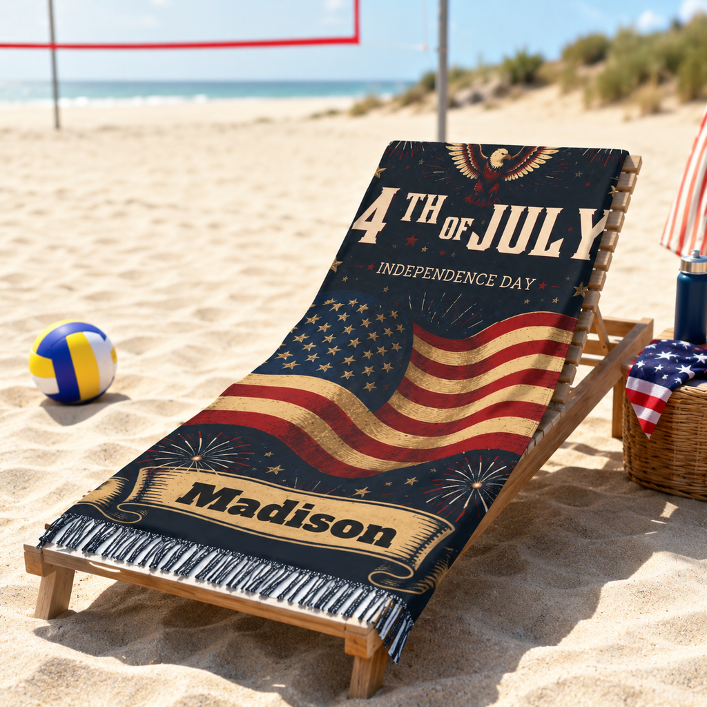 Vintage 4th of July beach towel print design with eagle and American flag