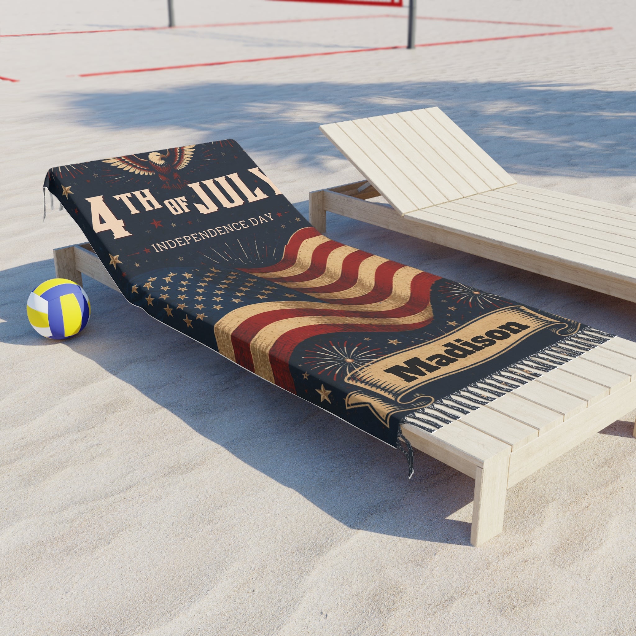 Close-up of knotted tassels on patriotic 4th of July beach towel