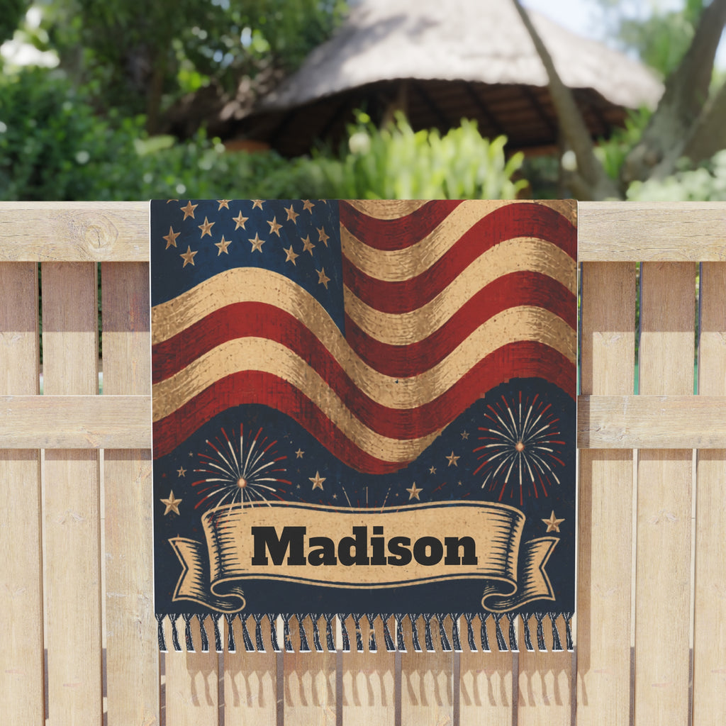 Folded personalized 4th of July beach towel