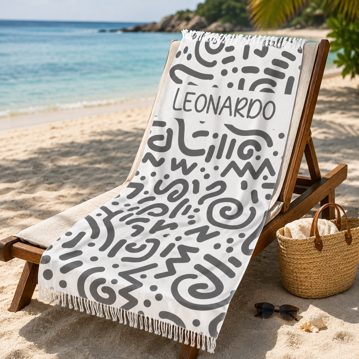 Monochrome doodle beach towel design detail with custom name