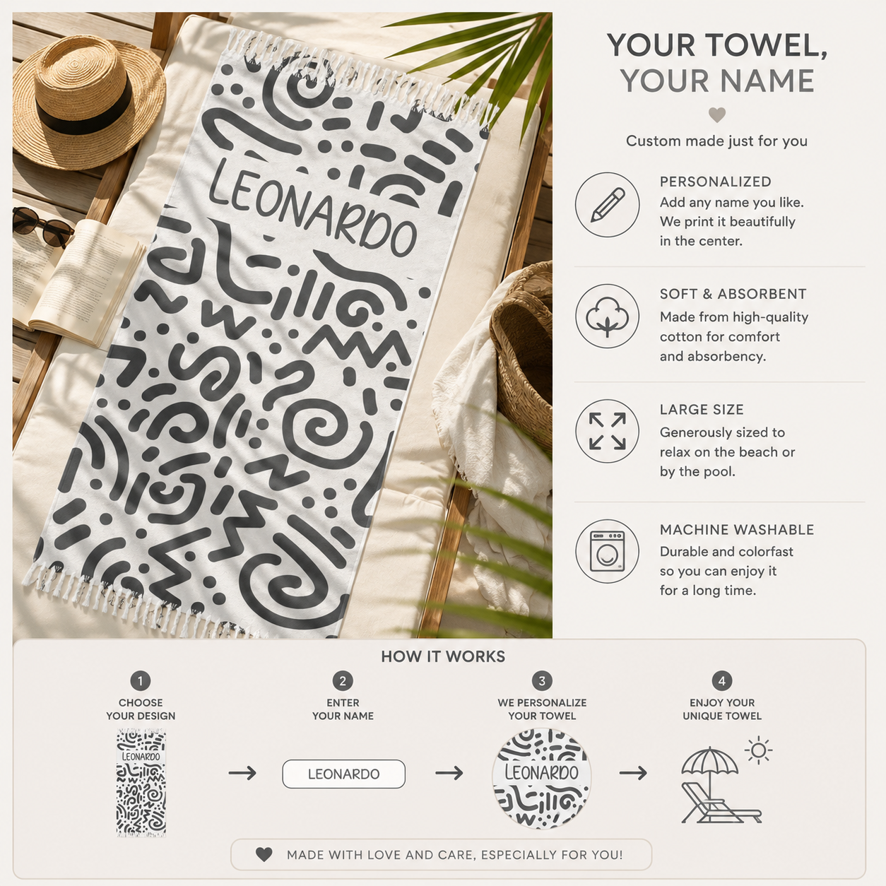 Abstract line-art personalized beach towel artwork
