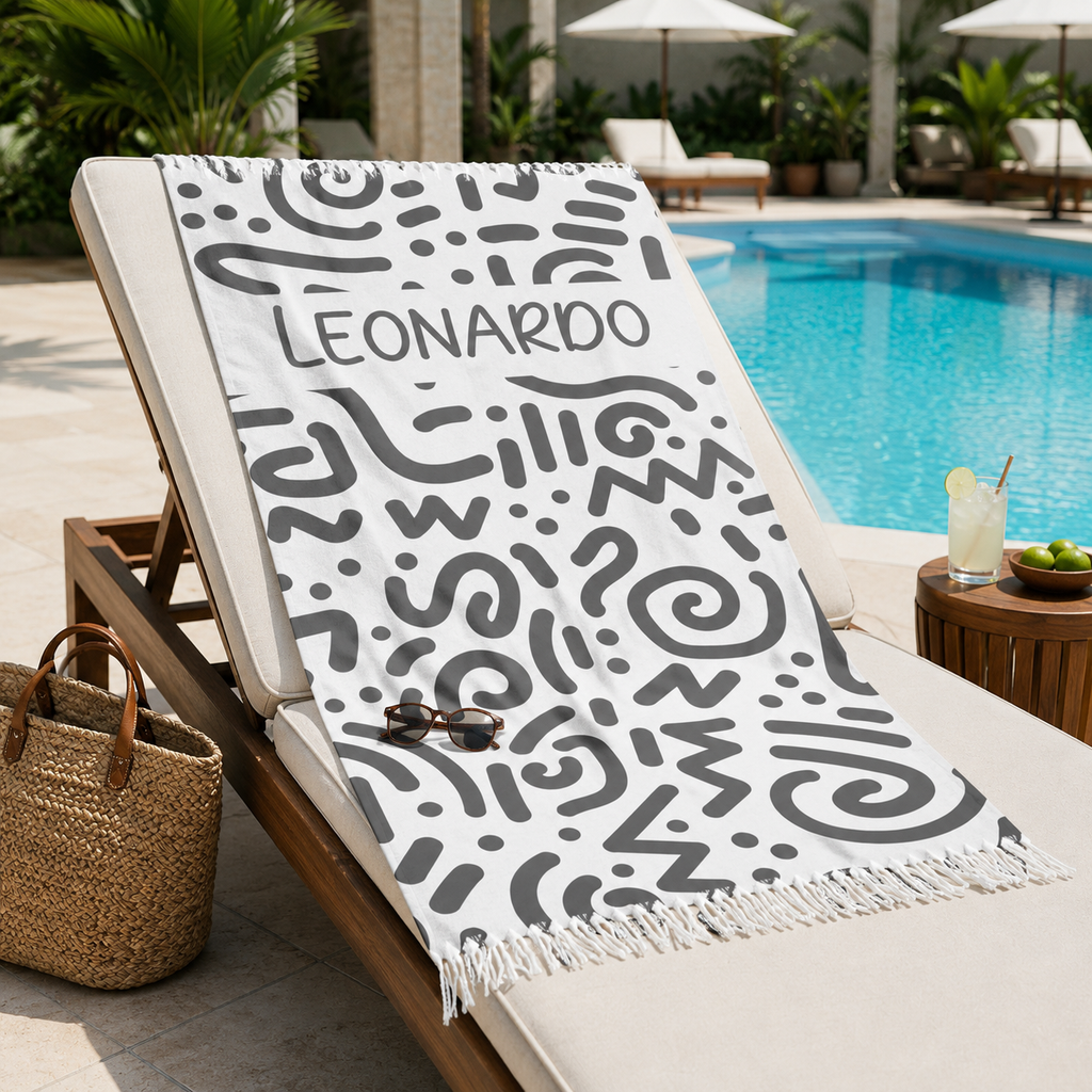 Grey abstract doodle beach towel print design with personalized name