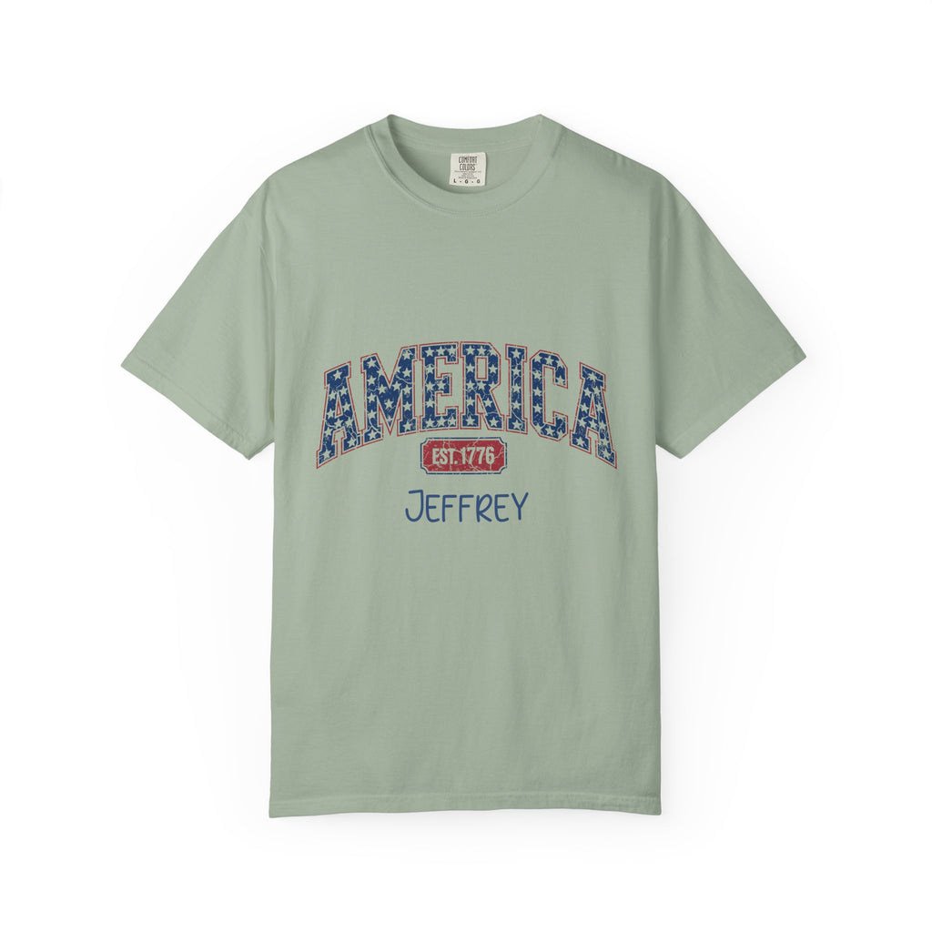 Close-up of AMERICA star-filled lettering and custom name
