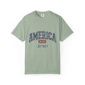 Close-up of AMERICA star-filled lettering and custom name