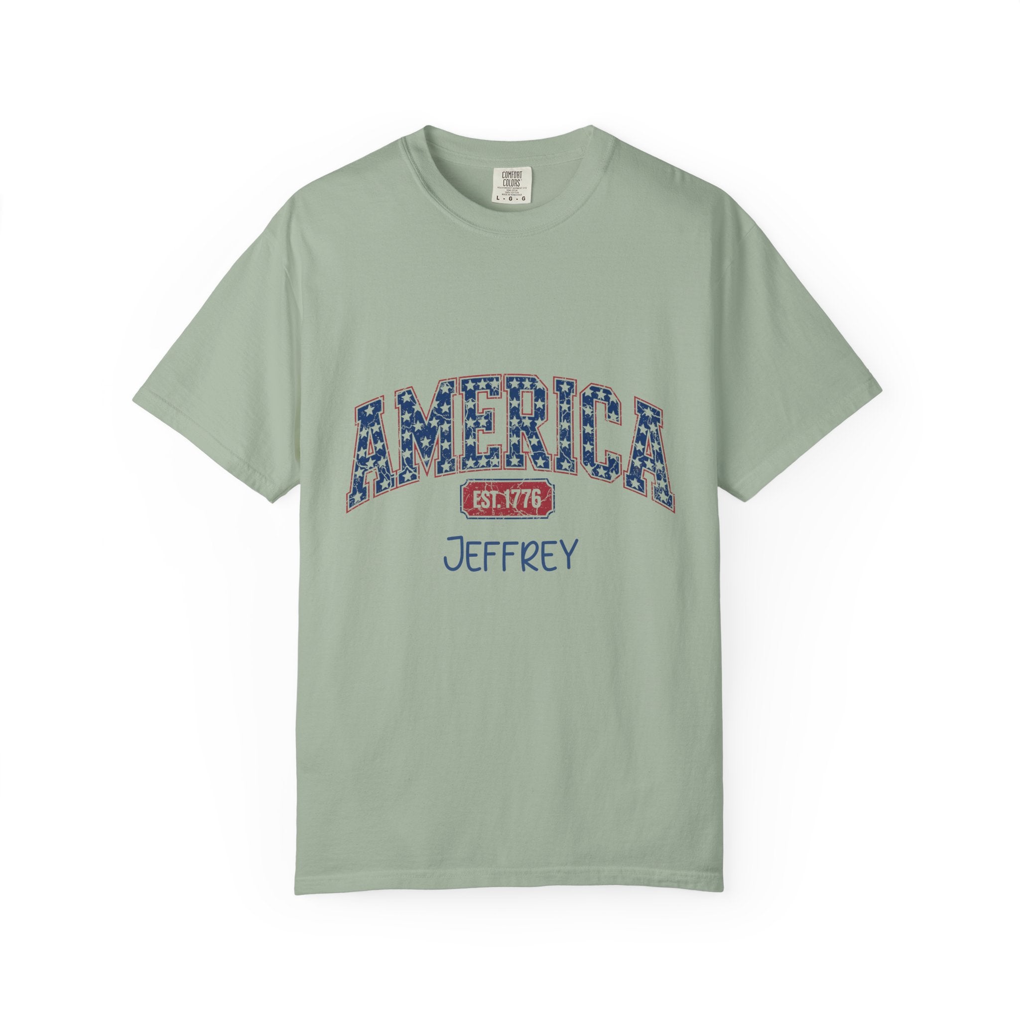 Close-up of AMERICA star-filled lettering and custom name