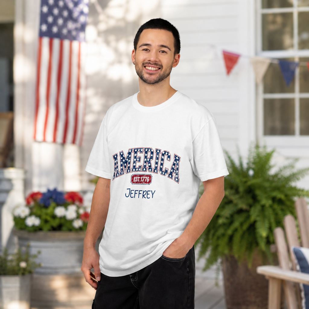AMERICA Est 1776 star-pattern design with personalized name