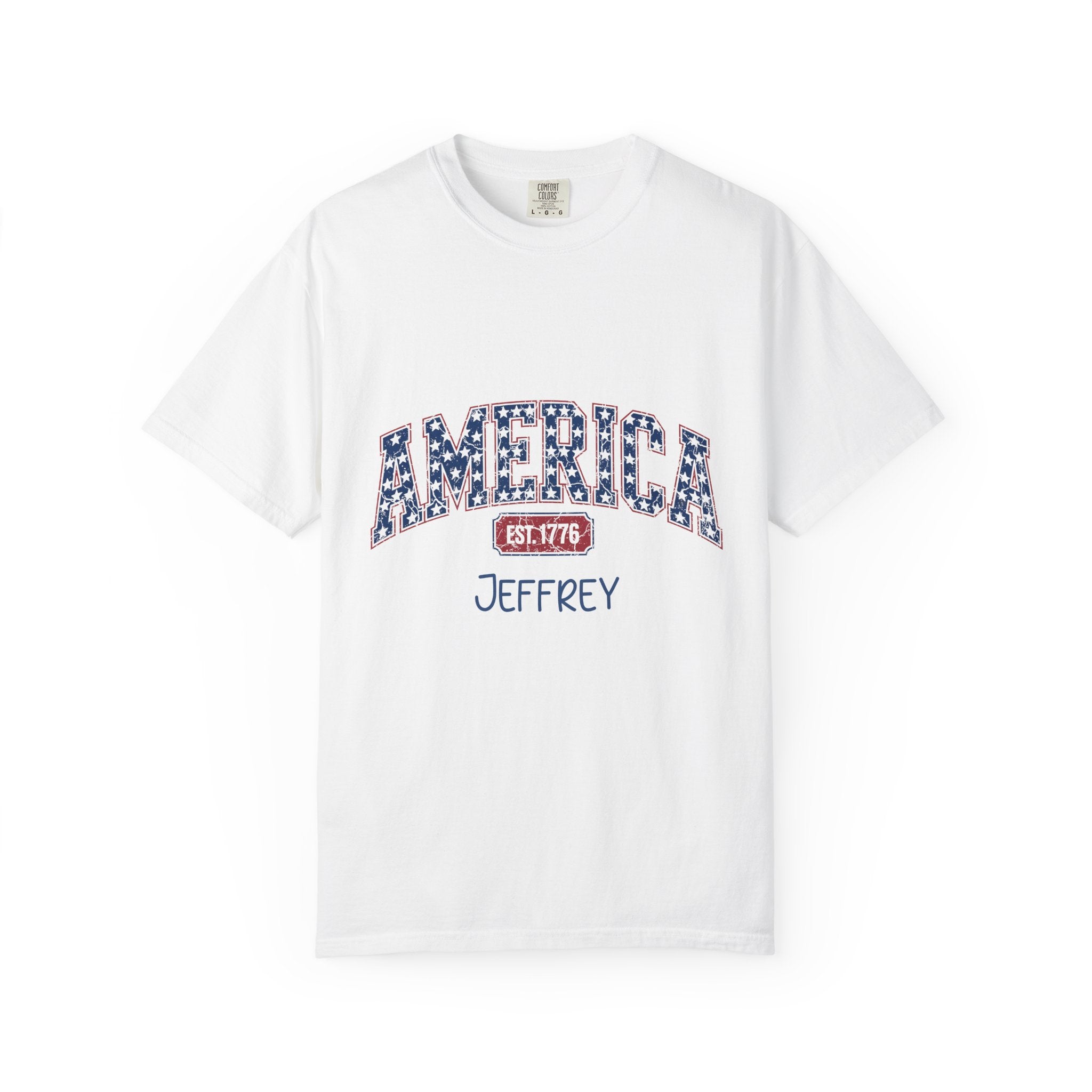 White personalized AMERICA Est 1776 t-shirt with custom name, front view