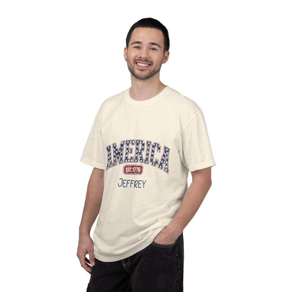 Personalized America 1776 t-shirt on a model, alternate view