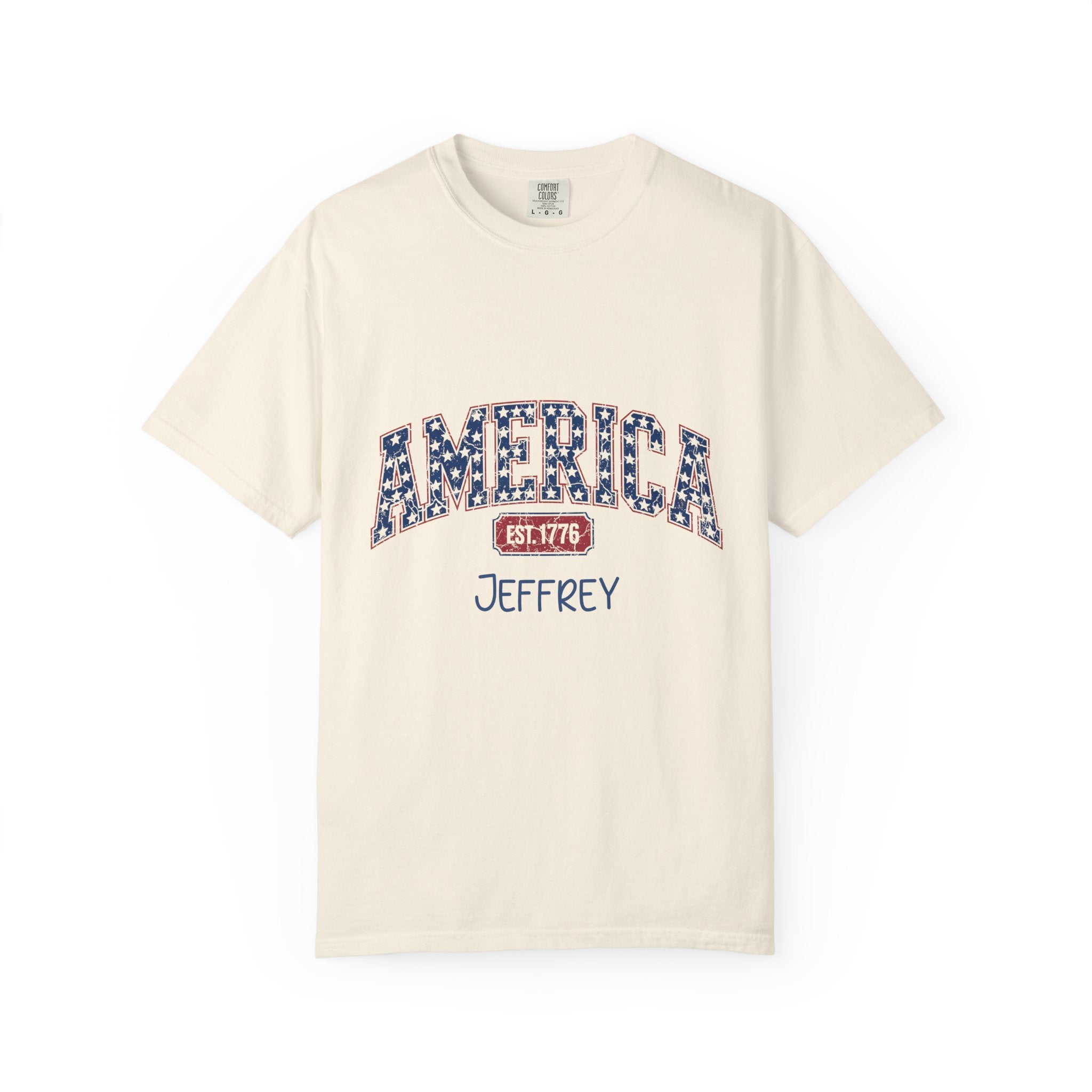 Person wearing personalized America 1776 patriotic t-shirt