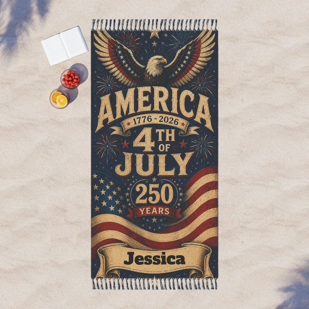 Patriotic America 250 beach towel spread out on the sand