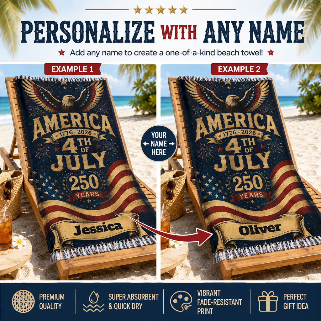 America 1776-2026 4th of July towel design with personalized name