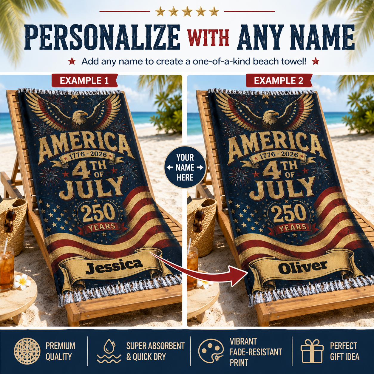 America 1776-2026 4th of July towel design with personalized name