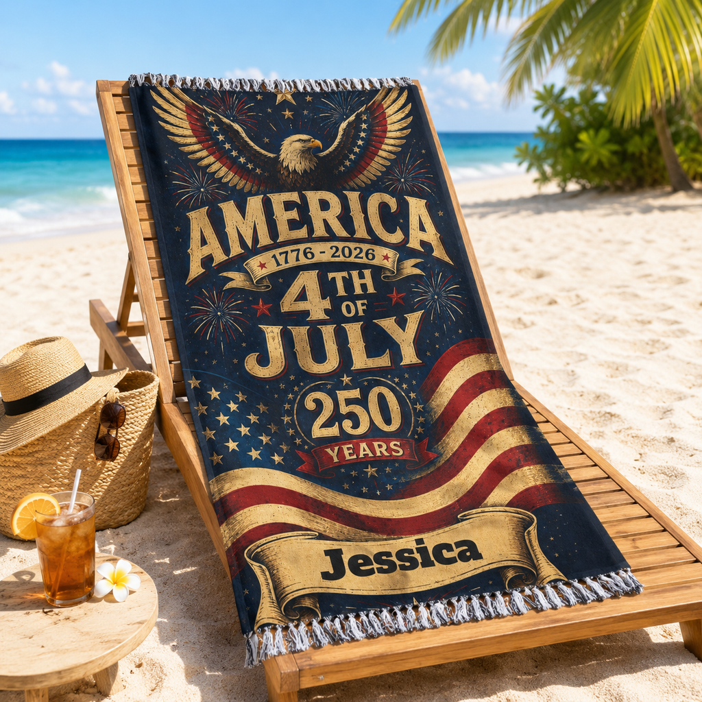 Vintage America 250 beach towel print design with eagle and flag