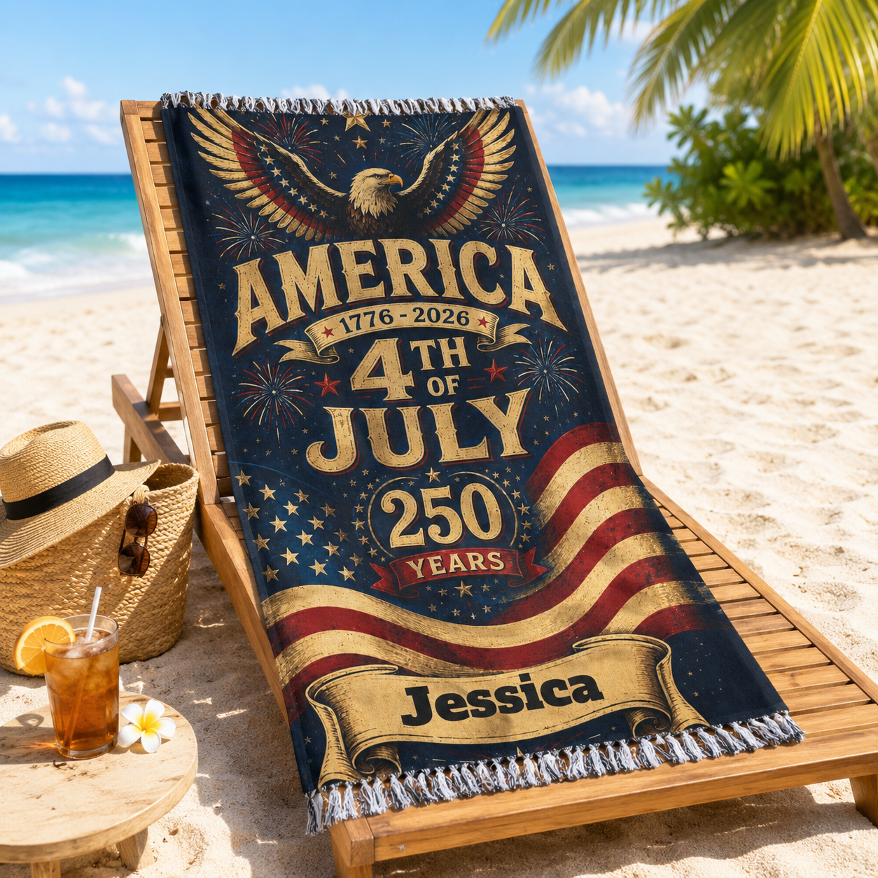 Vintage America 250 beach towel print design with eagle and flag