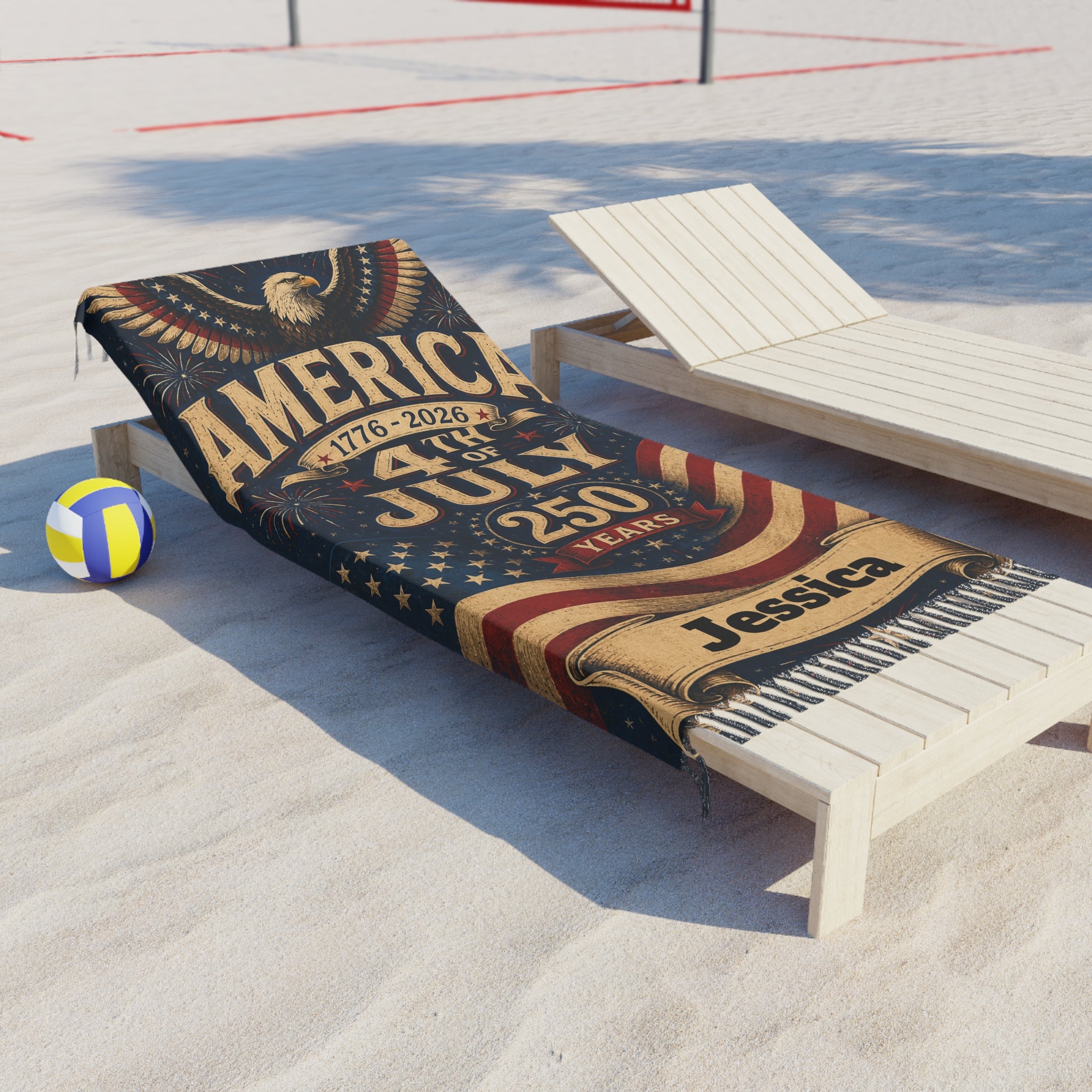 Close-up of knotted tassels on America 250 beach towel