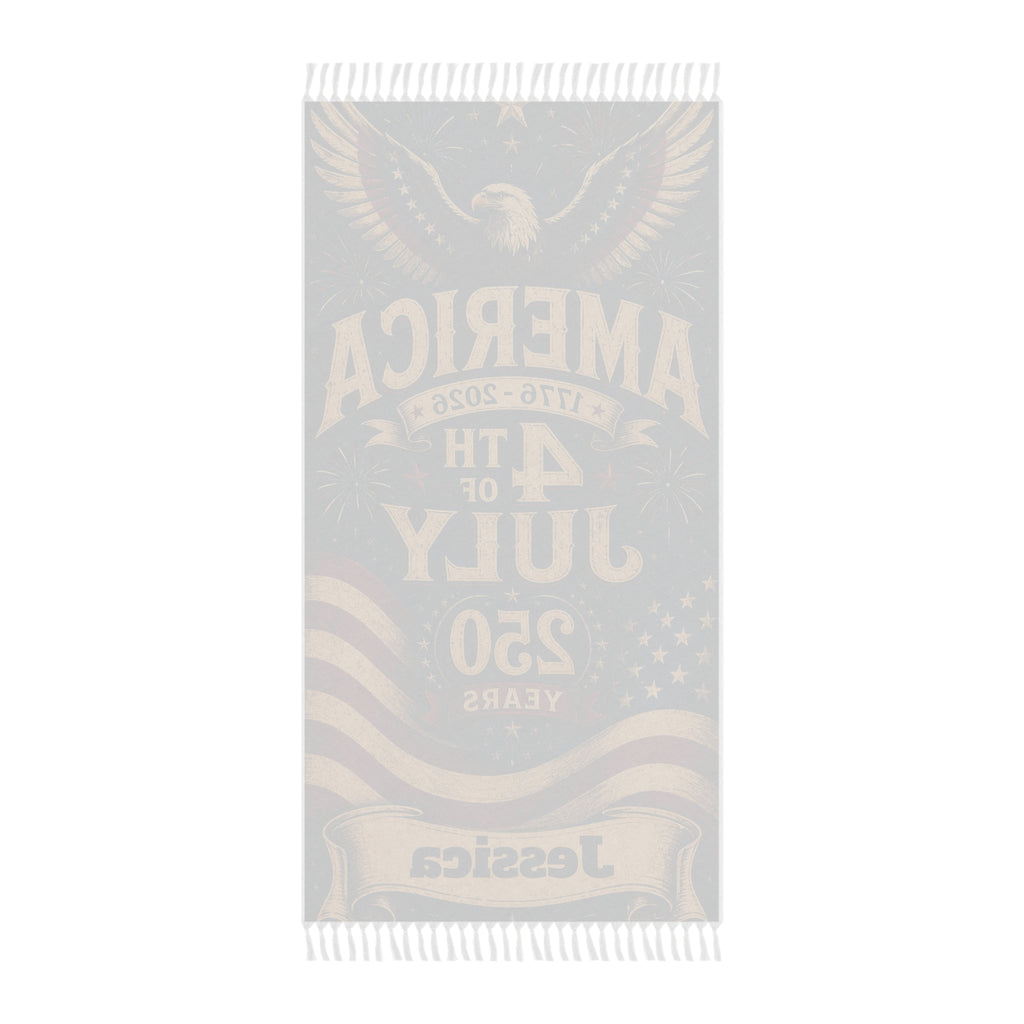Boho tasseled America 250 beach towel draped on a chair