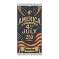 Personalized America 250 beach towel with eagle, flag and custom name banner