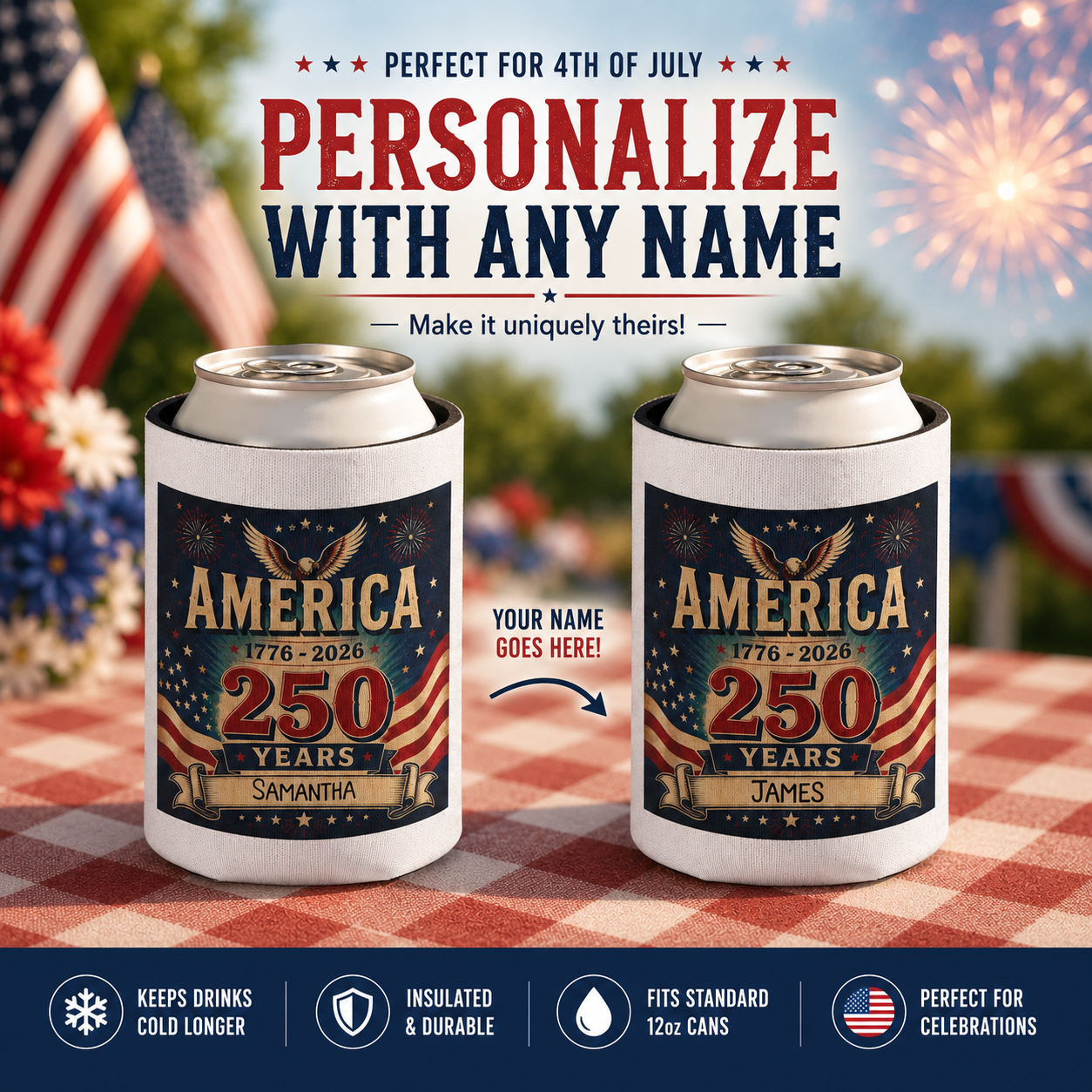 Back design of America 250 personalized can cooler