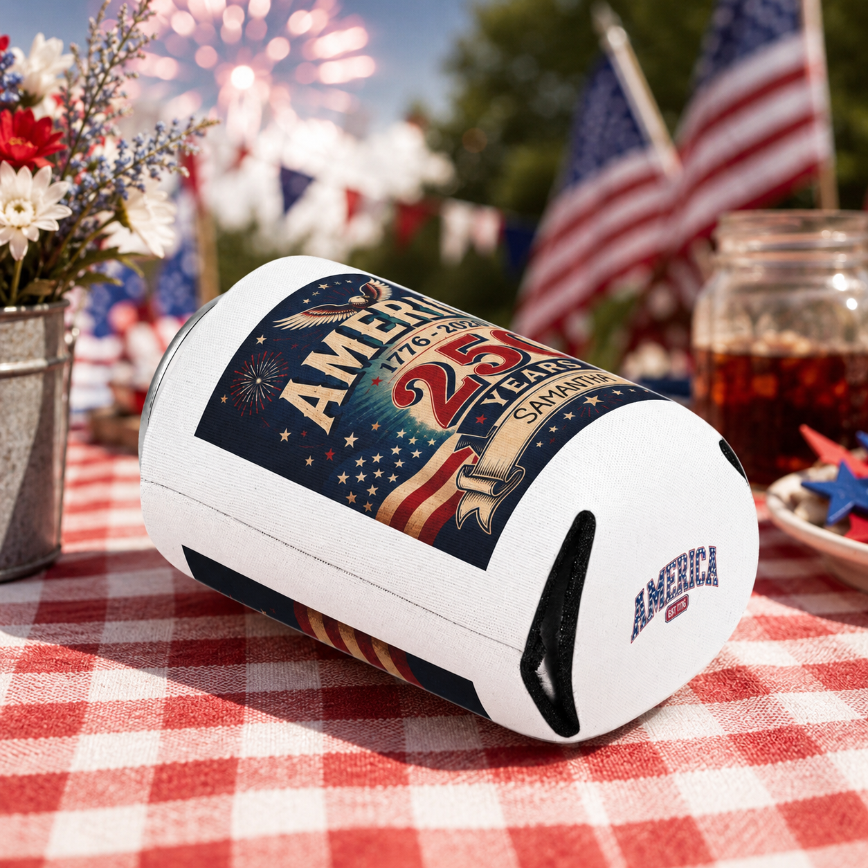 Detail of vintage America 250 can cooler artwork