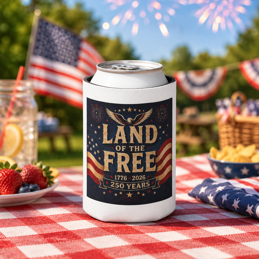 Flat America 250 can cooler print design with personalized name