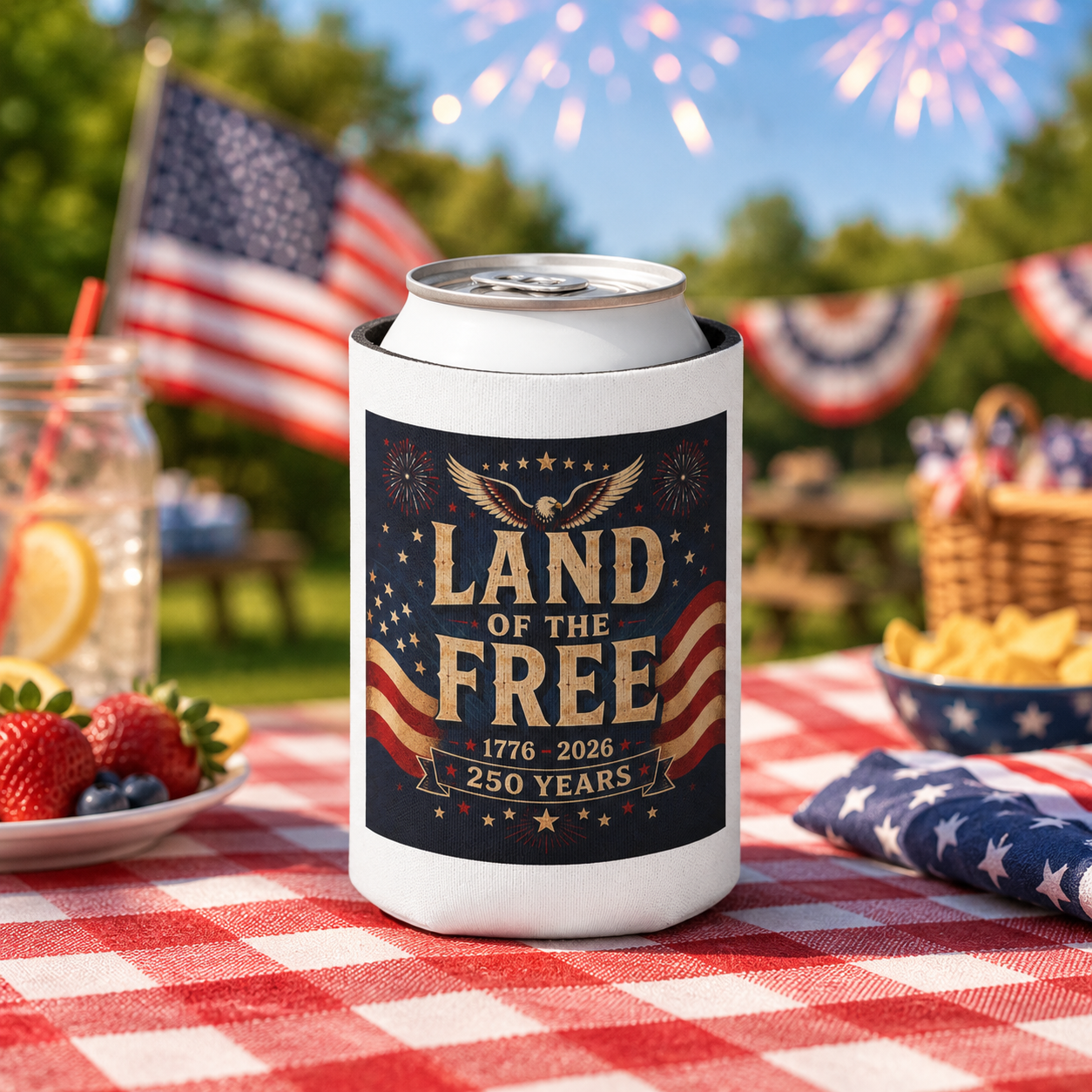 Flat America 250 can cooler print design with personalized name