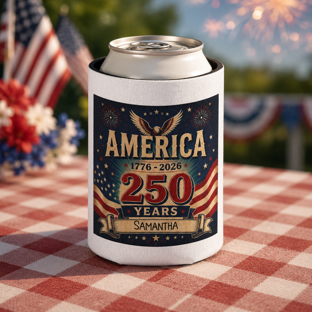 America 250 1776-2026 250 Years vintage can cooler design with eagle