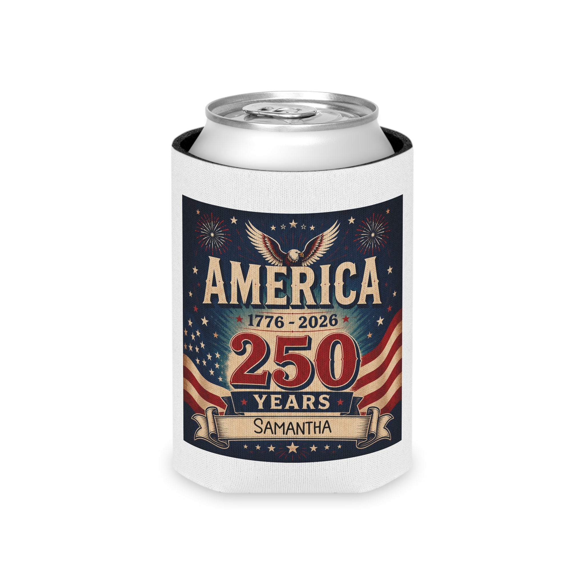 Personalized America 250 can cooler with custom name, vintage eagle and flag design